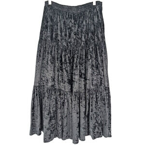 VTG 90s Black Crushed Velvet Tiered Ruffle Witchy Whimsigoth‎ Midi Skirt Size 8